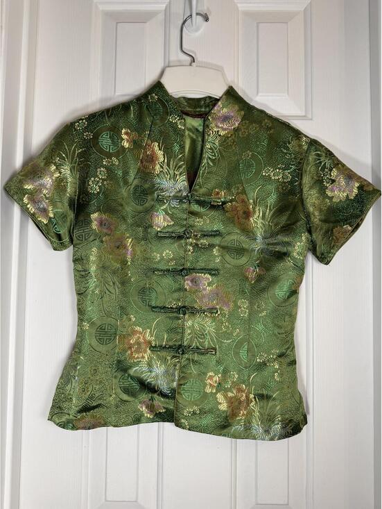 Tops - Green Silk Brocade Cheongsam Top Floral Qipao Blouse Frog Closures SM